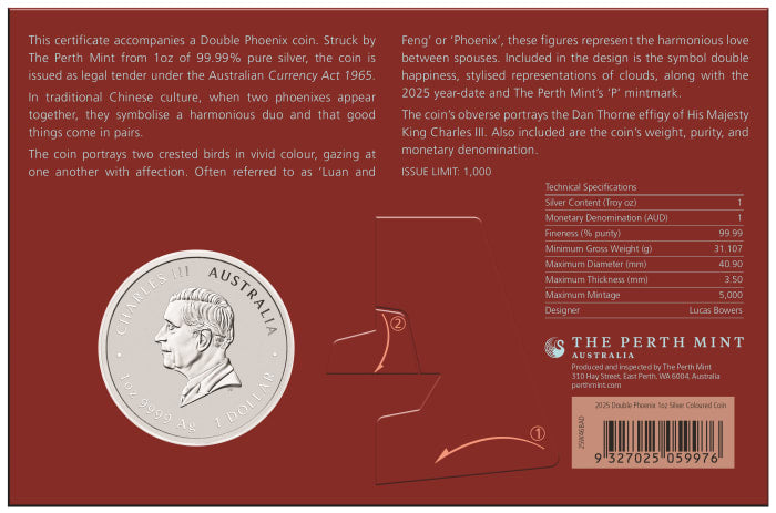 2025 $1 Chinese Myths and Legends: Double Phoenix Vivid - Pure Silver Coin