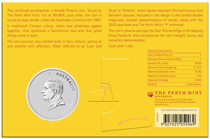 2025 $1 Chinese Myths and Legends: Double Phoenix Red - Pure Silver Coin