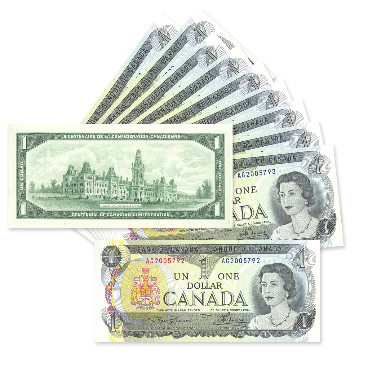 $1 1973 Multicolour Series BC-46a 10 Consecutive Serial Number Set Lawson-Bouey CUNC