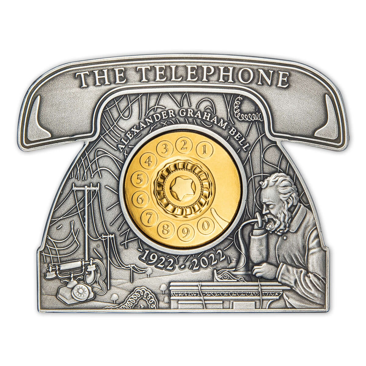 2022 $5 Alexander Graham Bell - Pure Silver Telephone-Shaped Coin with Movable Dial