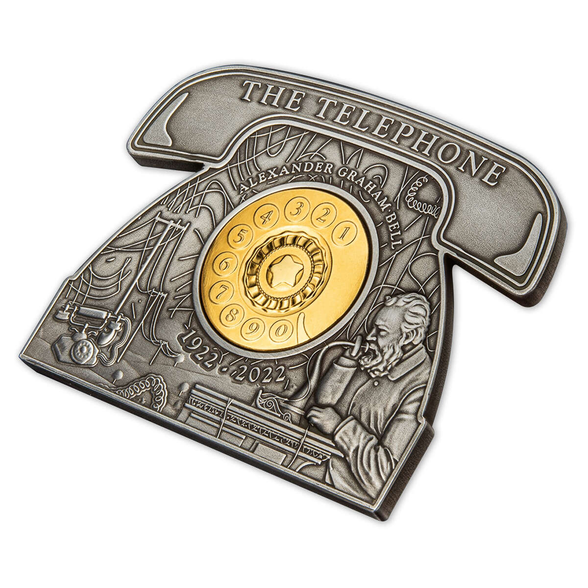 2022 $5 Alexander Graham Bell - Pure Silver Telephone-Shaped Coin with Movable Dial