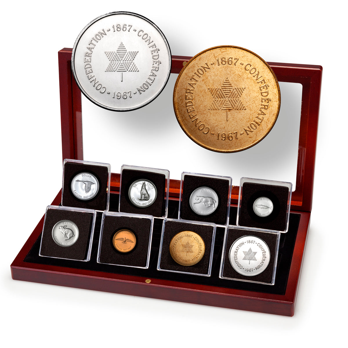 1967 Proof-like Coin Set with Confederation Medals in Custom Mahogany Display Case