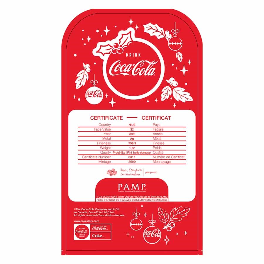 2025 $2 Coca-Cola Holiday Bottle - Pure Silver Coin