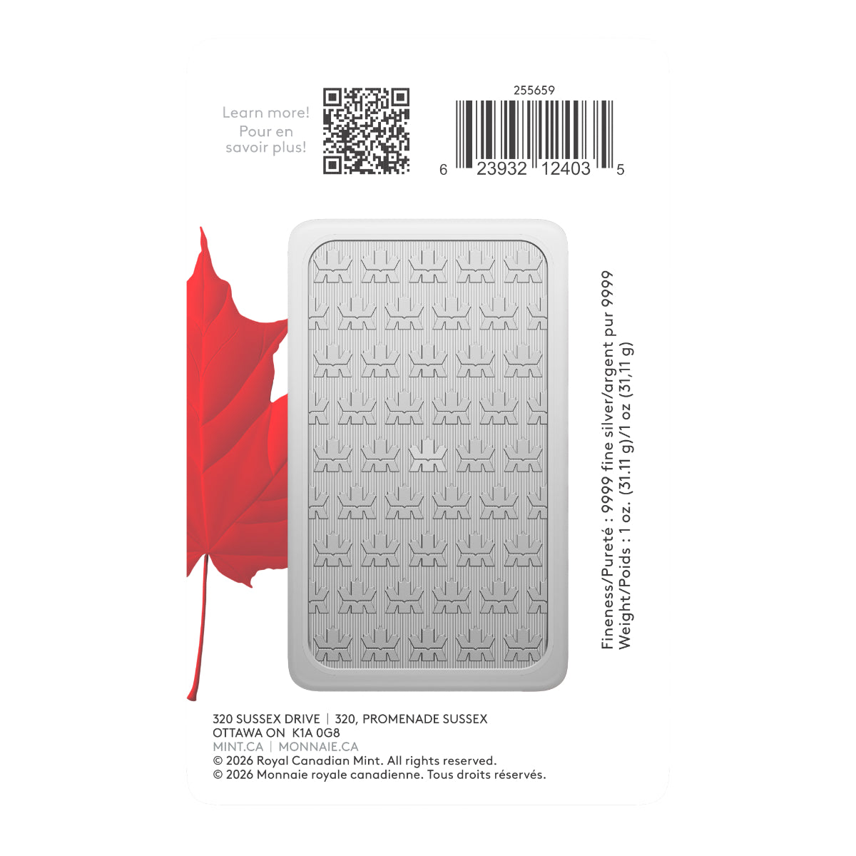 2026 1 oz Pure Silver Bar in Proudly Canadian Packaging - Premium Bullion