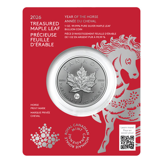 2026 $5 Treasured Silver Maple Leaf: Year of the Horse Privy Mark - Pure Silver Coin
