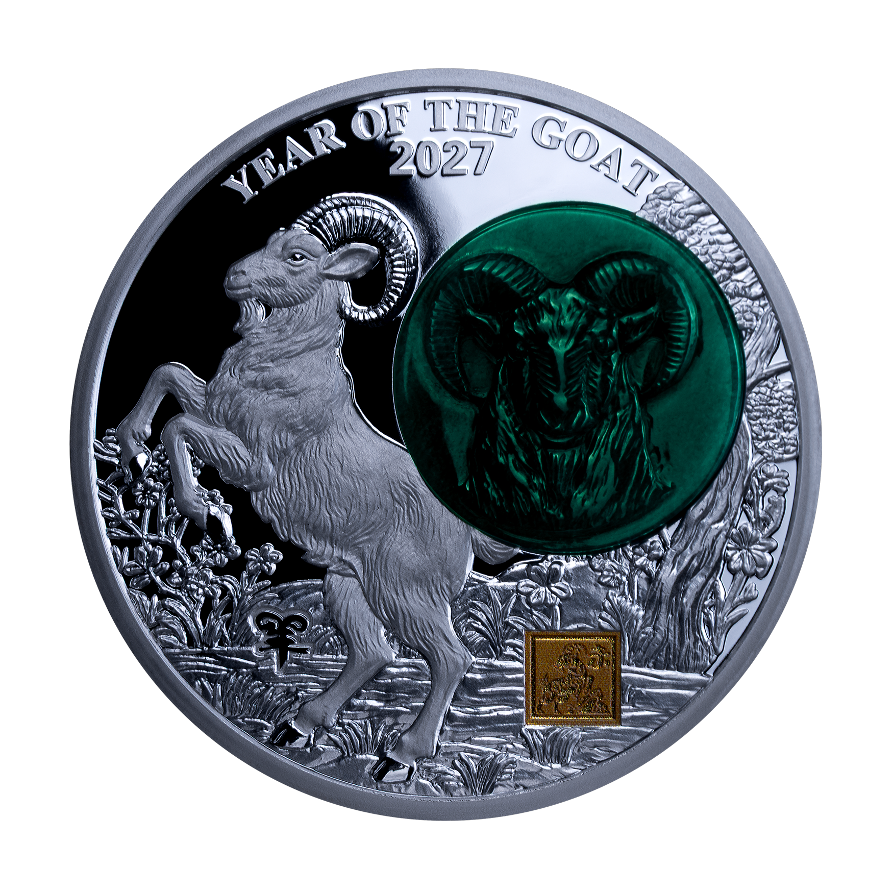 2027 25 Francs Year of the Goat - Pure Silver Coin with Jade