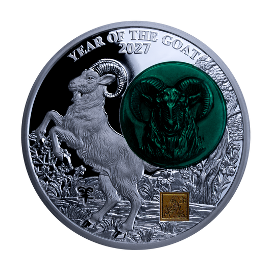 2027 25 Francs Year of the Goat - Pure Silver Coin with Jade