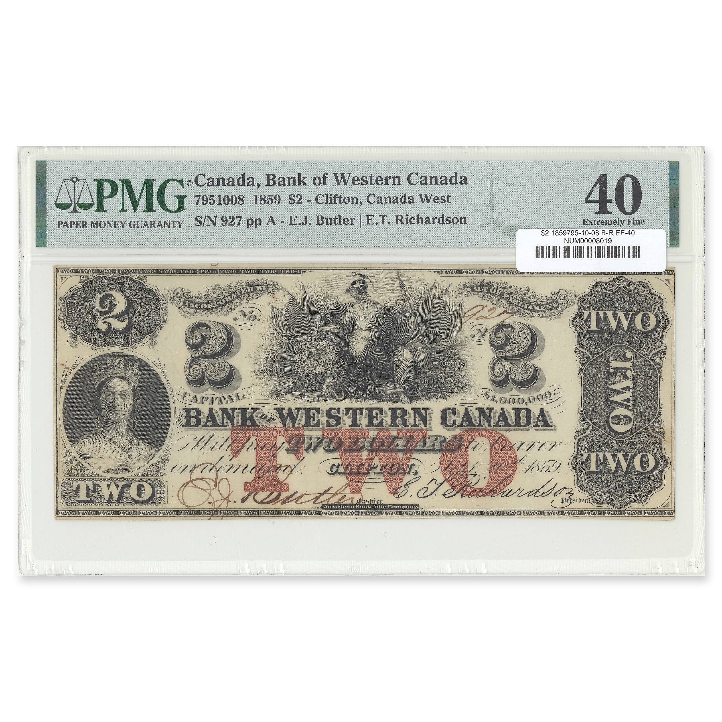 $2 1859 795-10-08 Bank of Western Canada Butler-Richardson PMG EF-40