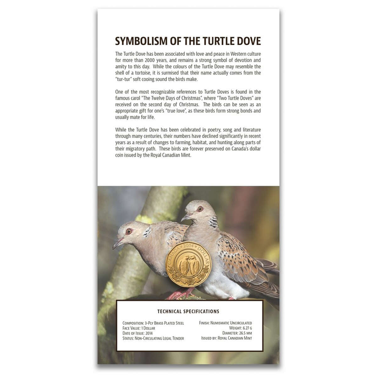 2014 $1 Two Turtle Doves Special Collector Issue Coin