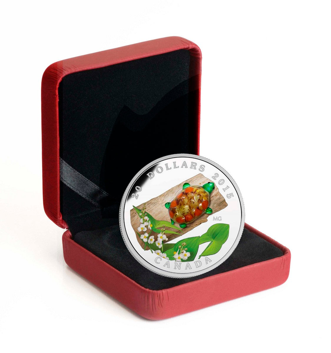 2015 $20 Venetian Glass Turtle with Broadleaf Arrowhead Flower in Murano Glass - Pure Silver Coin