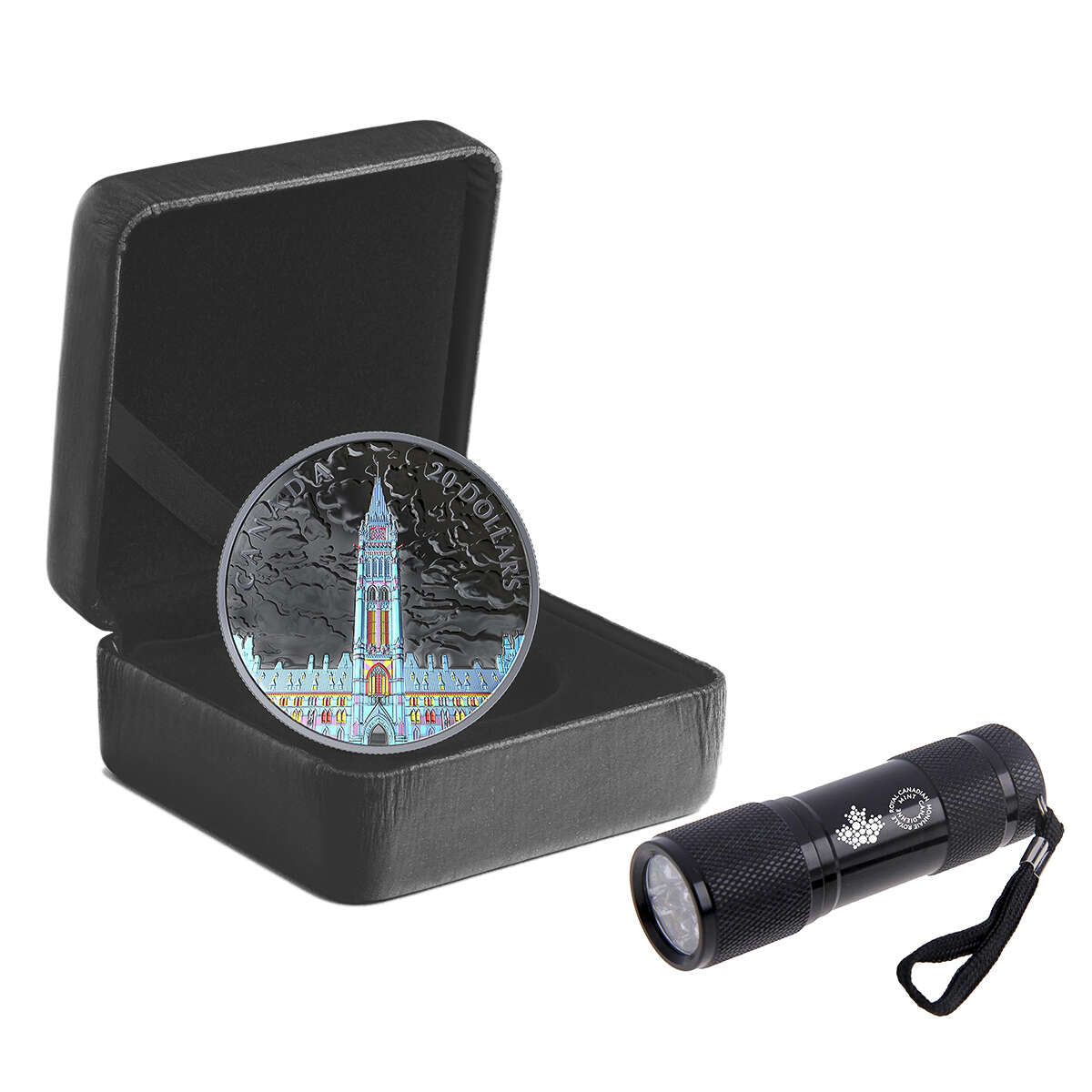 2019 $20 Lights on Parliament Hill - Pure Silver Coin with Black light