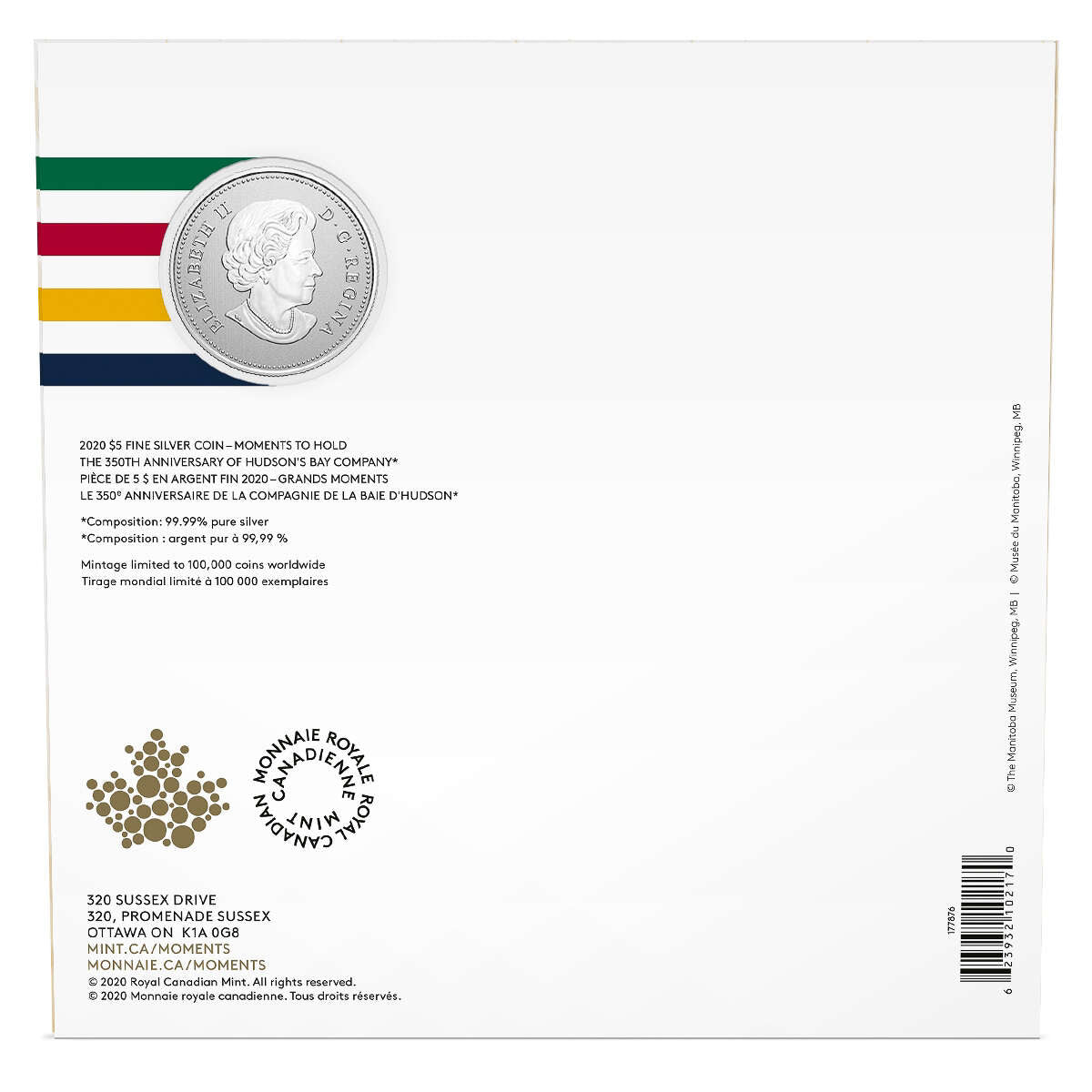 2020 $5 Moments To Hold: 350th Anniversary of Hudson's Bay Company - Pure Silver Coin