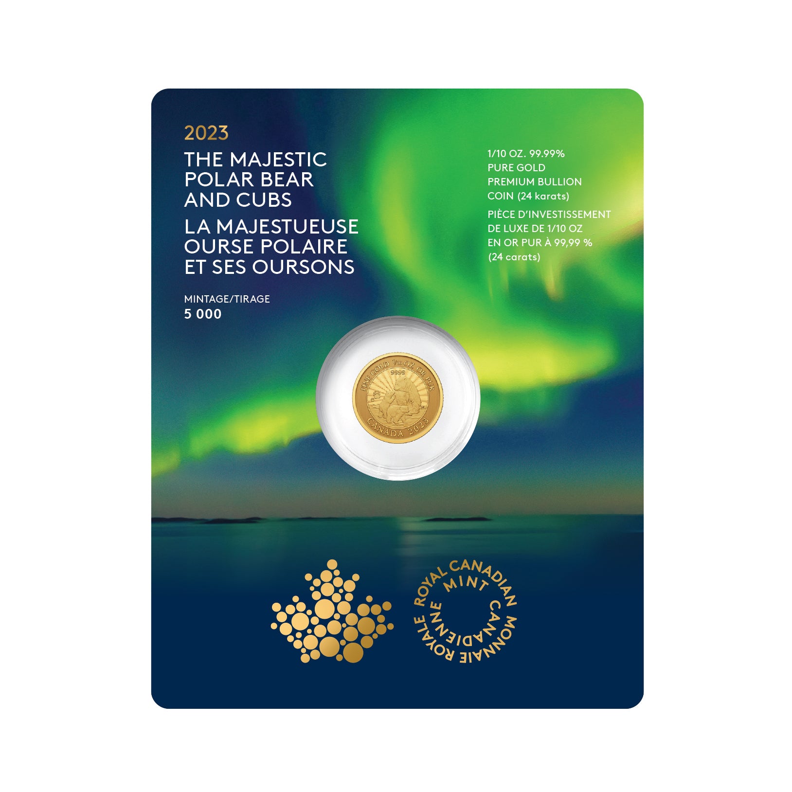 2023 $5 The Majestic Polar Bear and Cubs - Pure Gold Coin