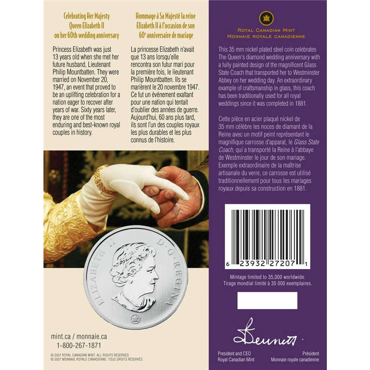 2007 25c Elizabeth II and Prince Philip, 60th Wedding Anniversary - Coloured Coin