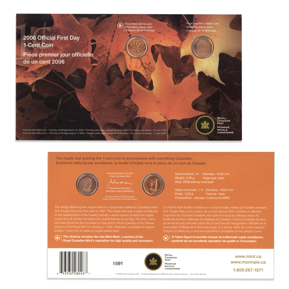 2006 1 Cent Official First Day - Coin Set