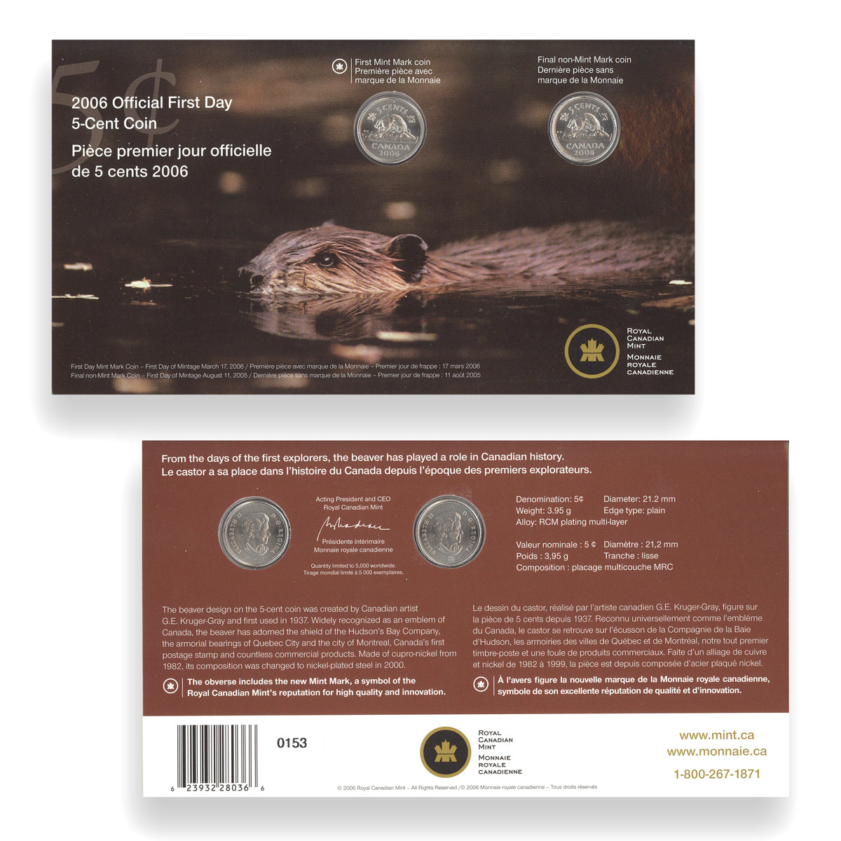 2006 5 Cent Official First Day - Coin Set