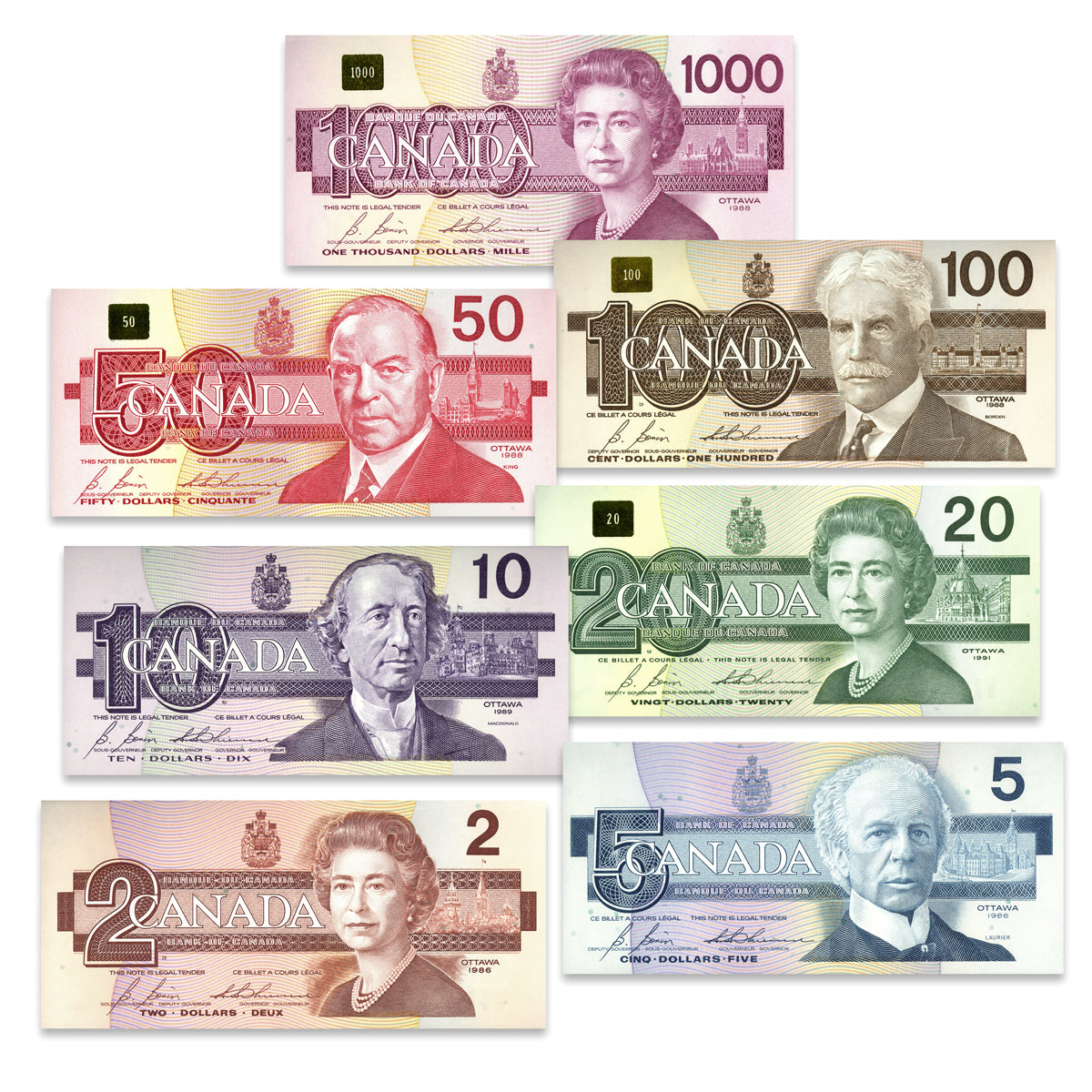 $2 - $1000 Bird Series Bonin-Thiessen 7 Banknote Set - Matching Signatures