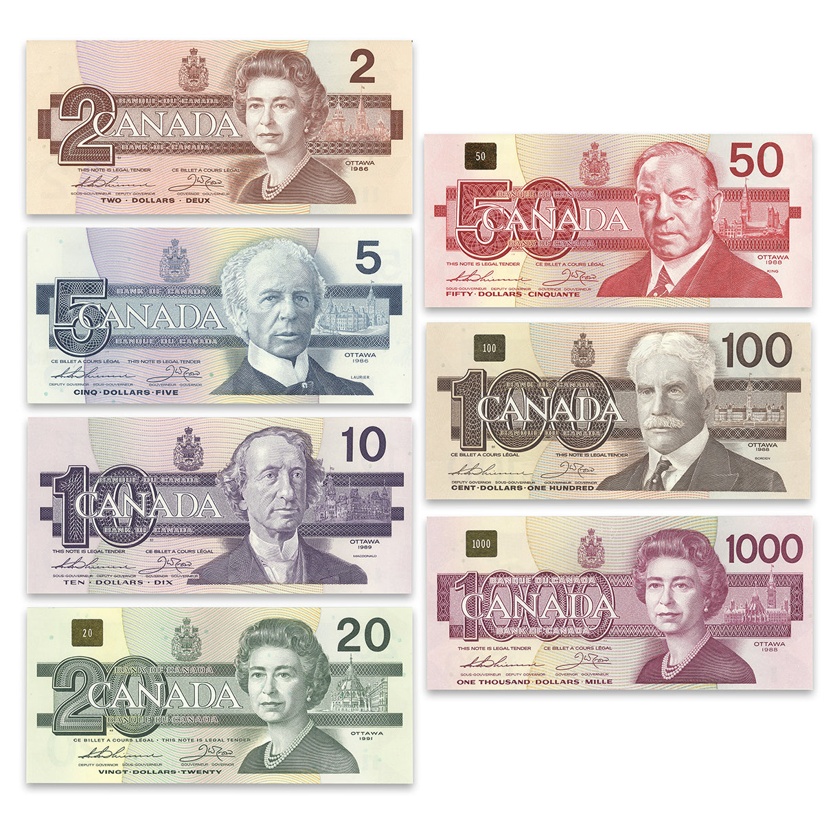 $2 - $1000 Bird Series 7 Banknote Set - Matching Signatures