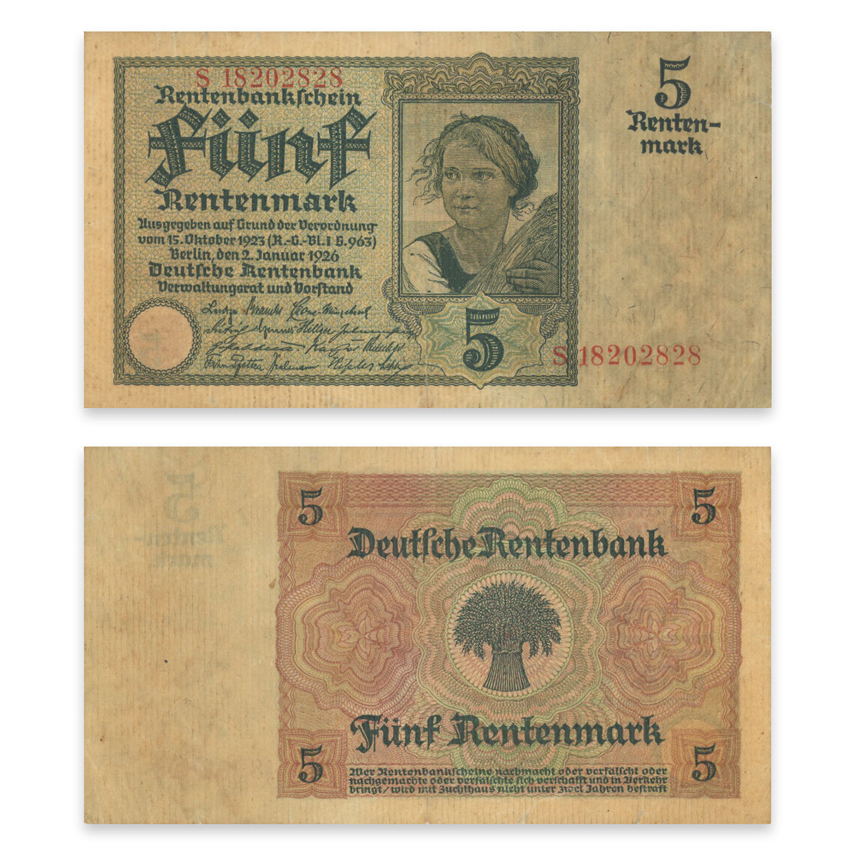 Germany - Weimar Republic (Rentenbank) 5 Rentenmak 1926 P# 169 VF-35
