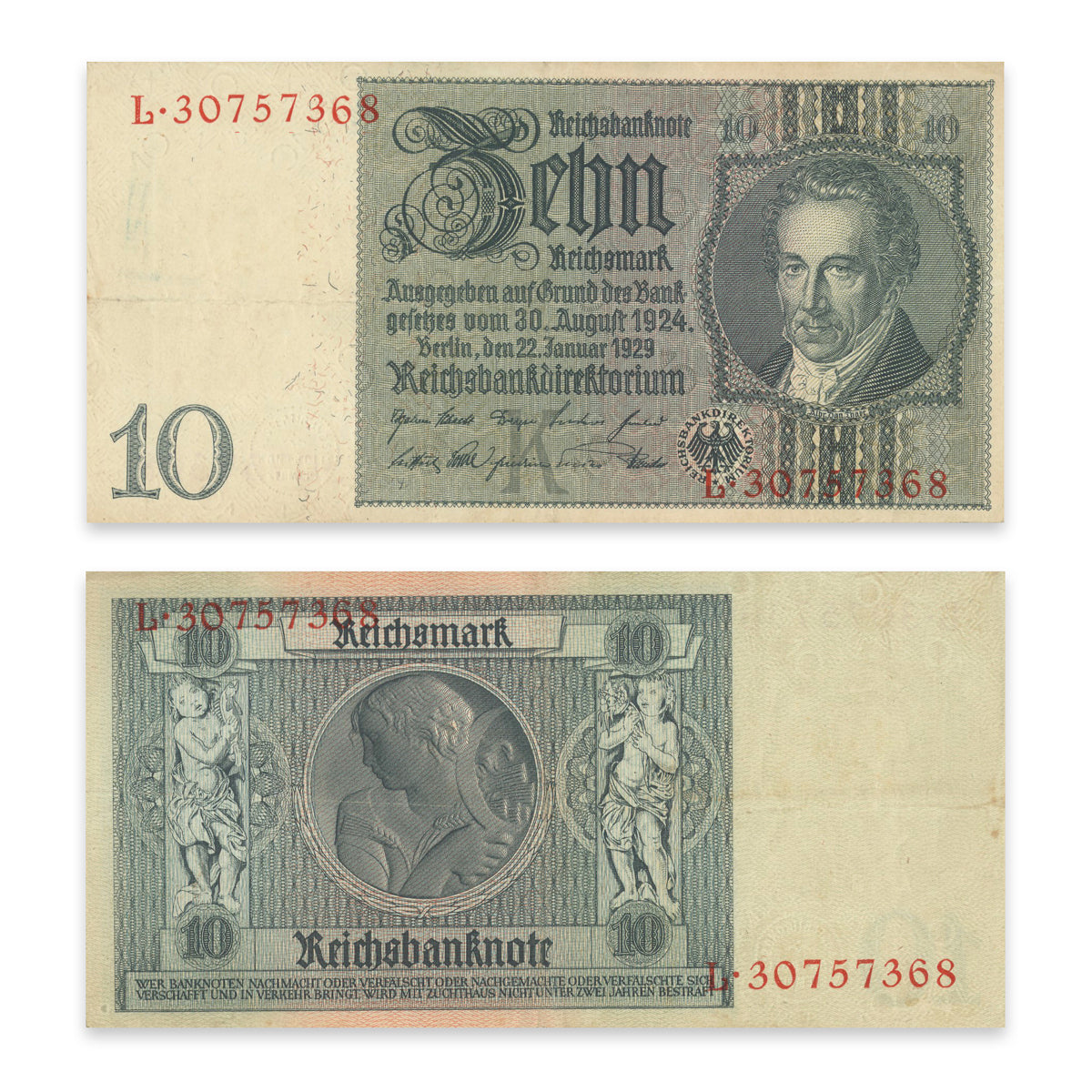 Germany - Weimar Republic (Reichsbanknote) 10 Reichsmark 1929 P# 180a VF-25