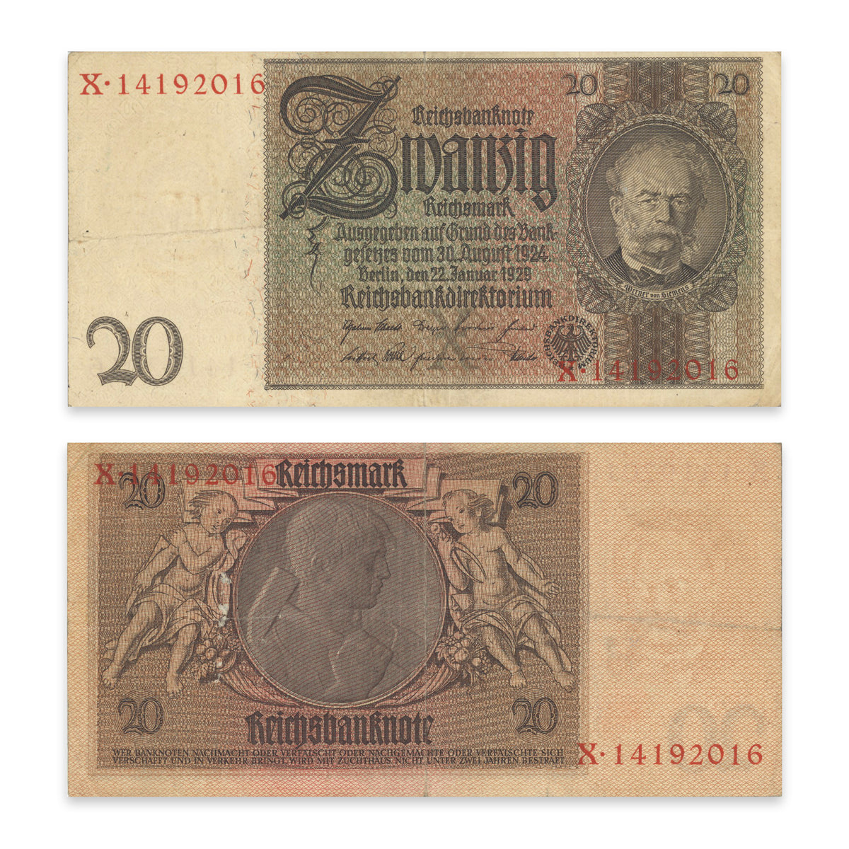 Germany - Weimar Republic (Reichsbanknote) 20 Reichsmark 1929 P# 181a VF-20