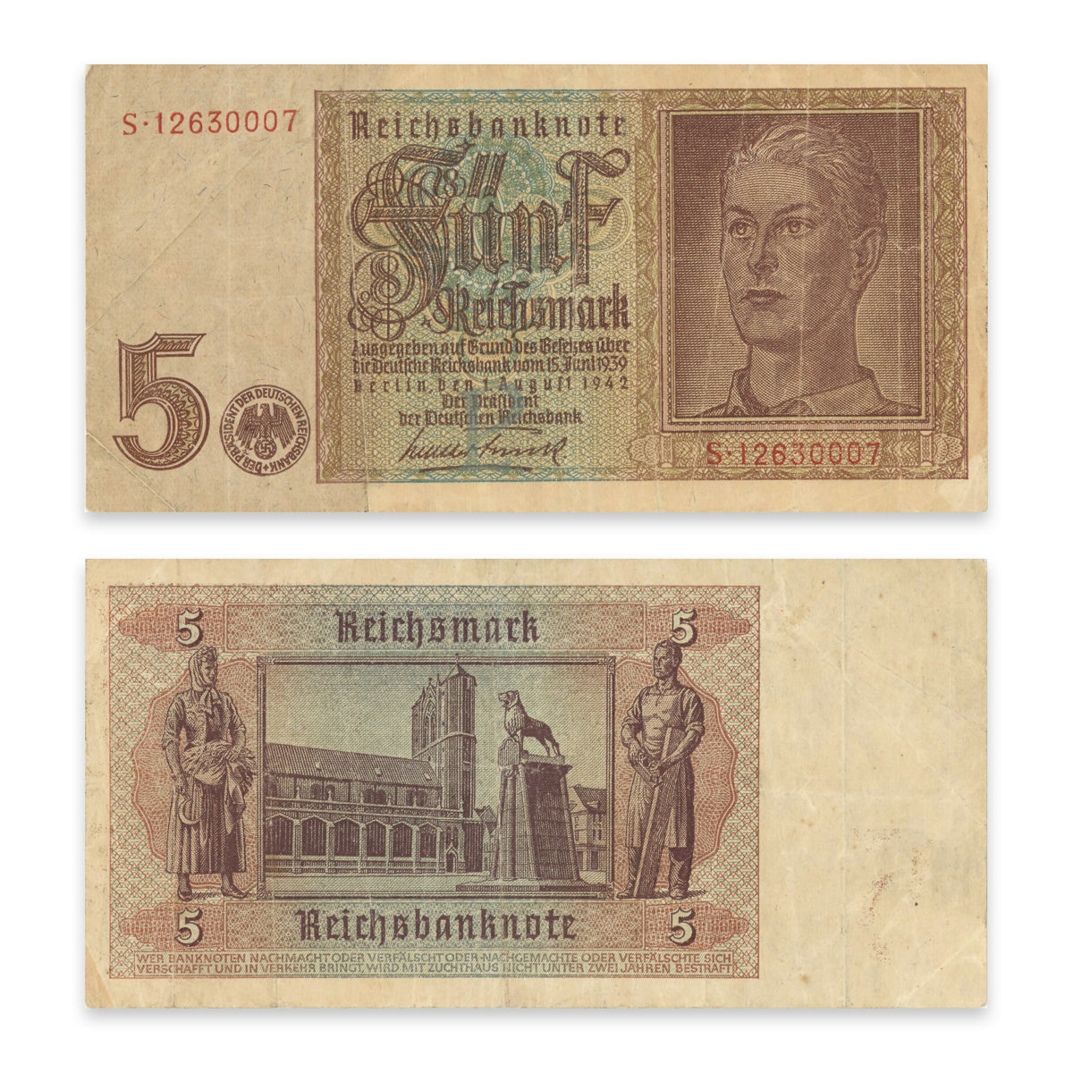 Germany - Weimar Republic (Reichsbanknote) 5 Reichsmark 1942 P# 186a VF-25