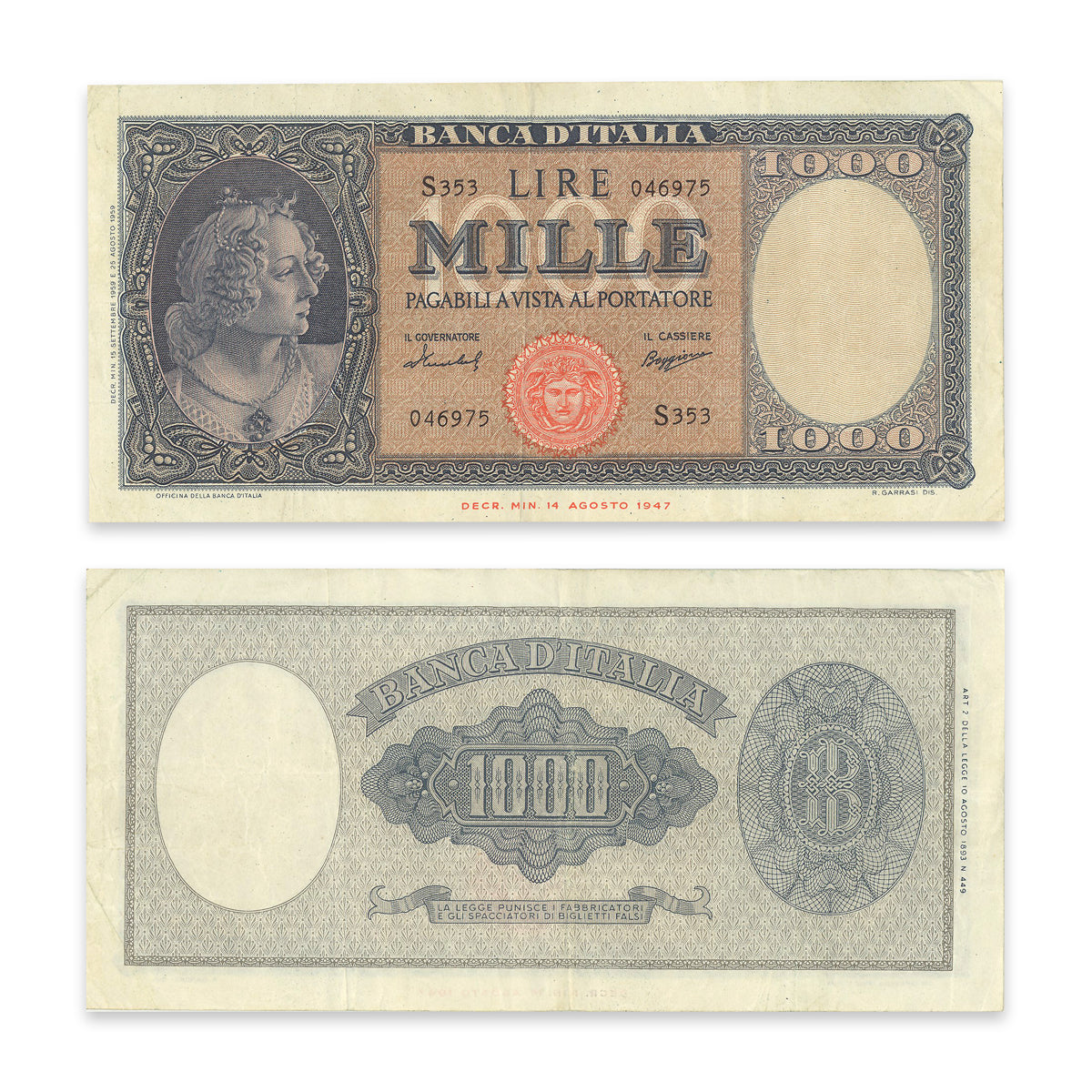 Italy 1000 Lire 1947 P# 88c VF-25