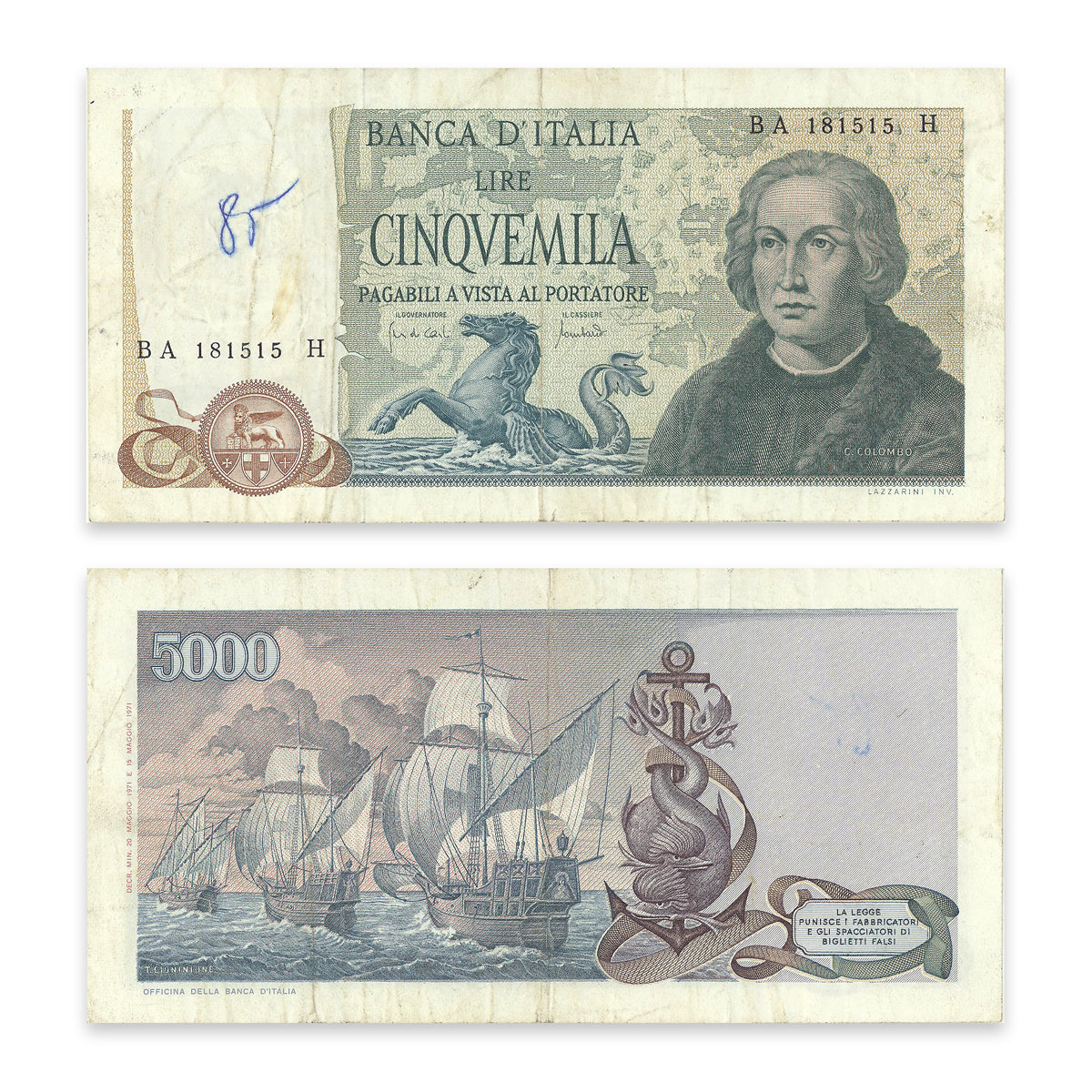 Italy 5000 Lire 1971 P# 102a VF-20