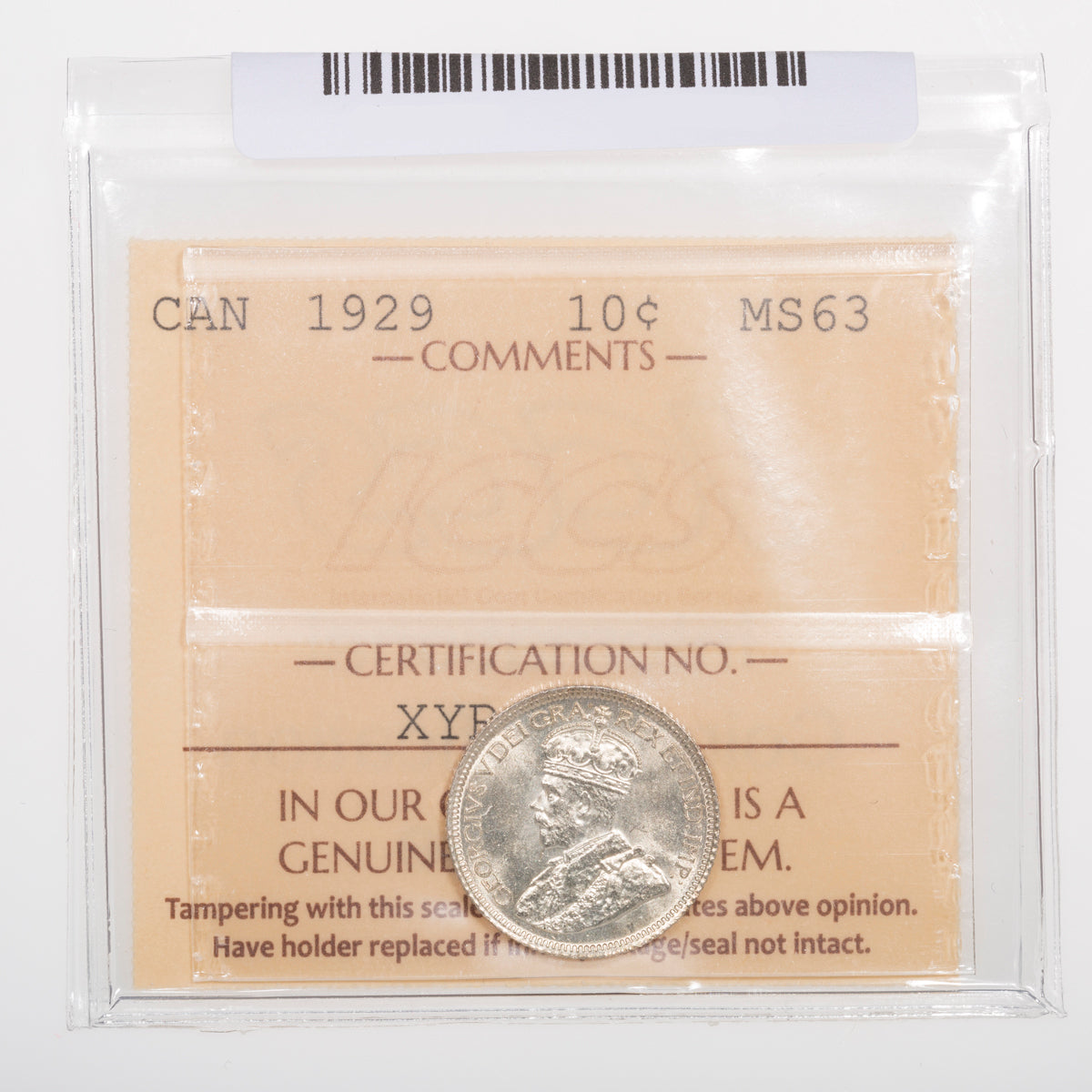 10 Cent 1929 ICCS MS-63