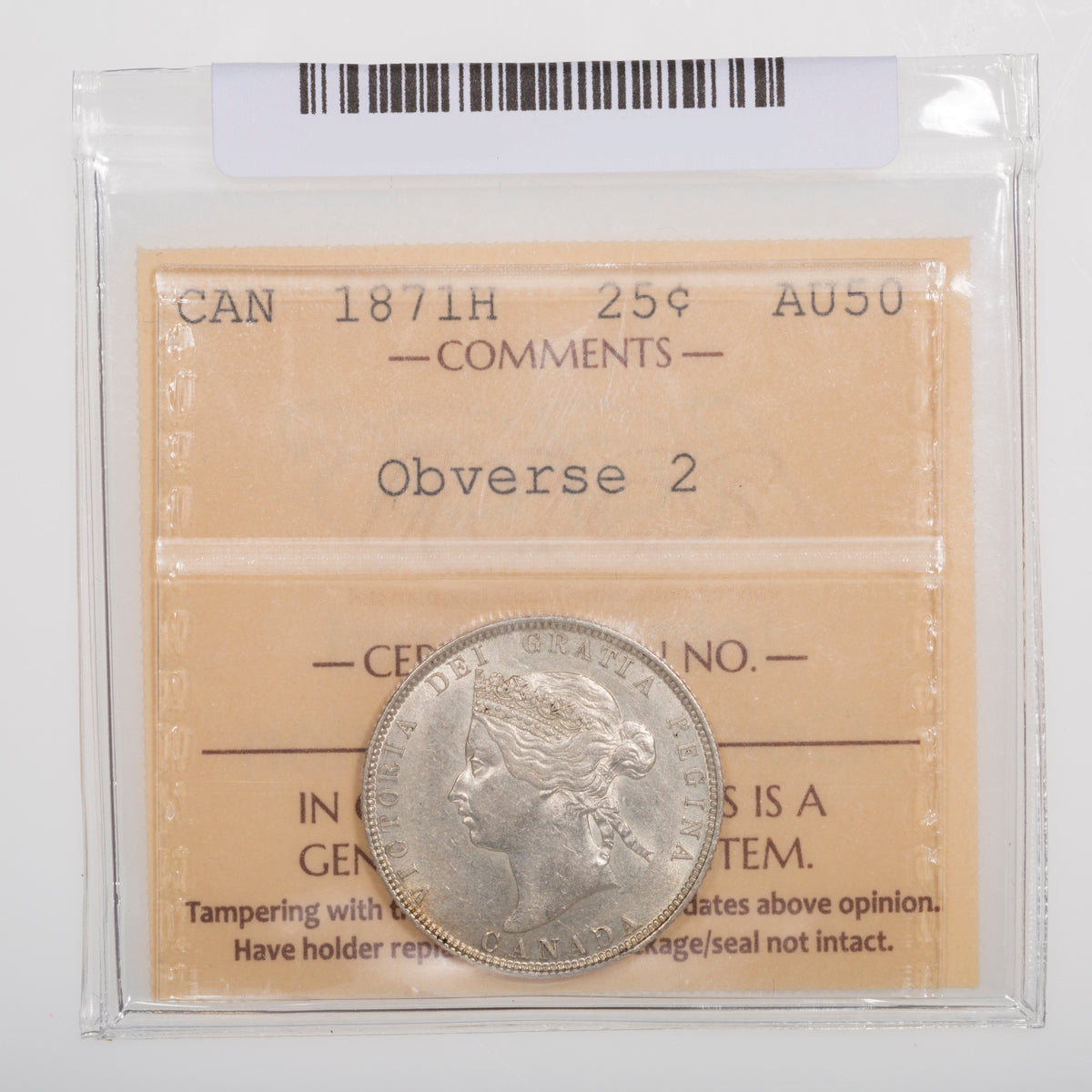 25 Cent 1871H Obverse 2 ICCS AU-50