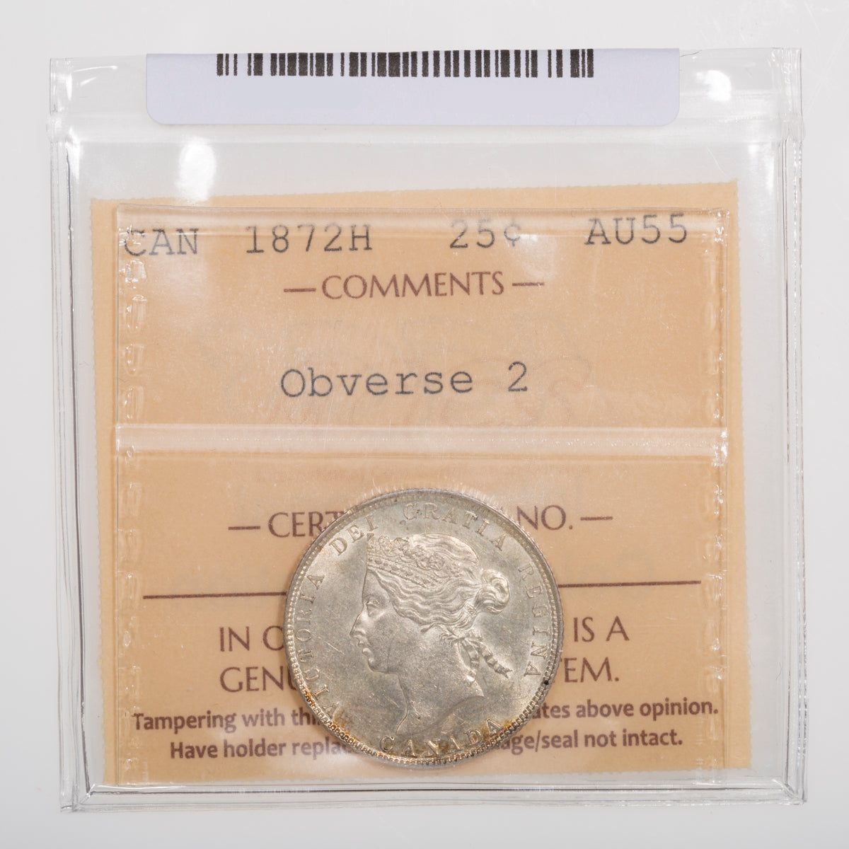 25 Cent 1872H Obverse 2 Large 2 ICCS AU-55