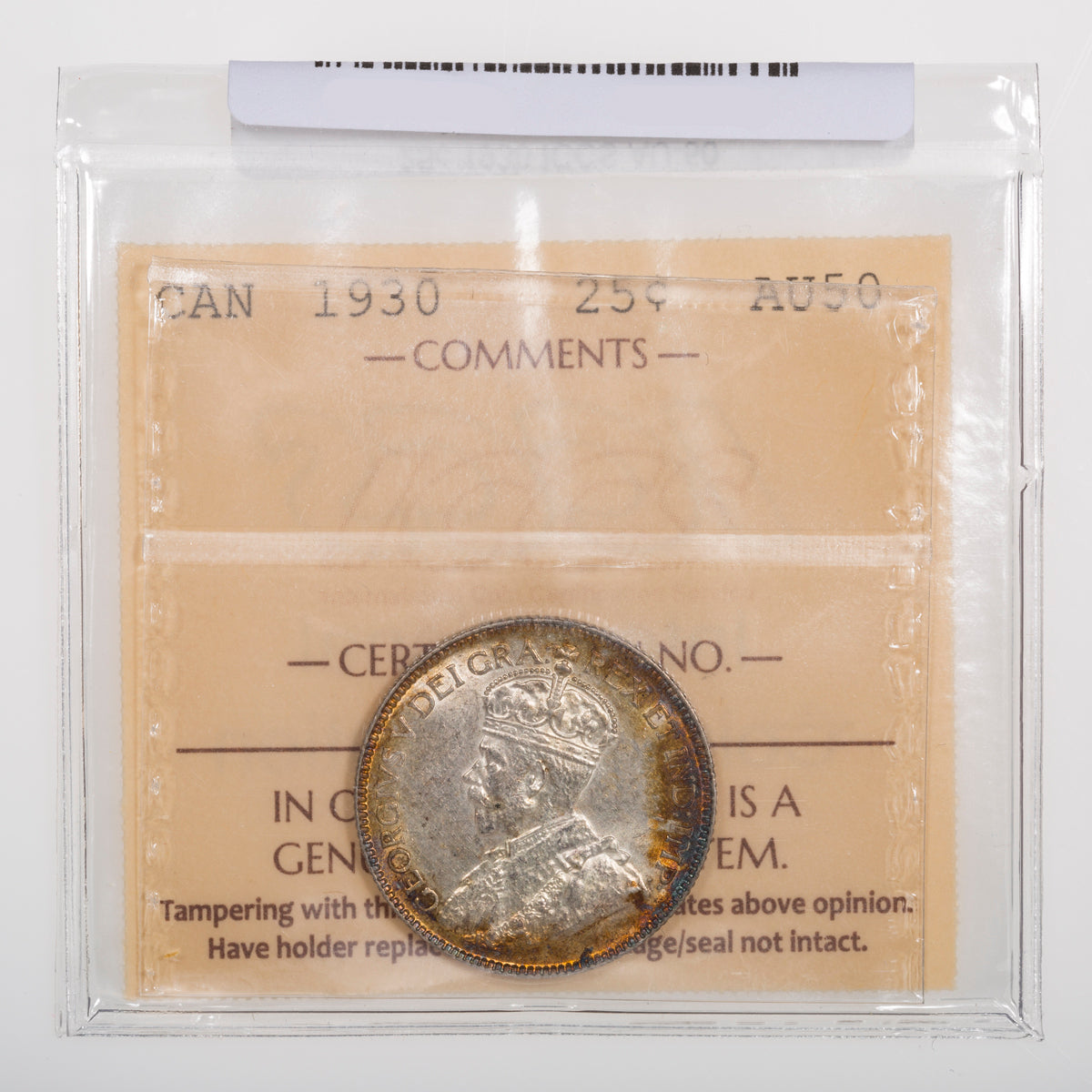 25 Cent 1930 ICCS AU-50