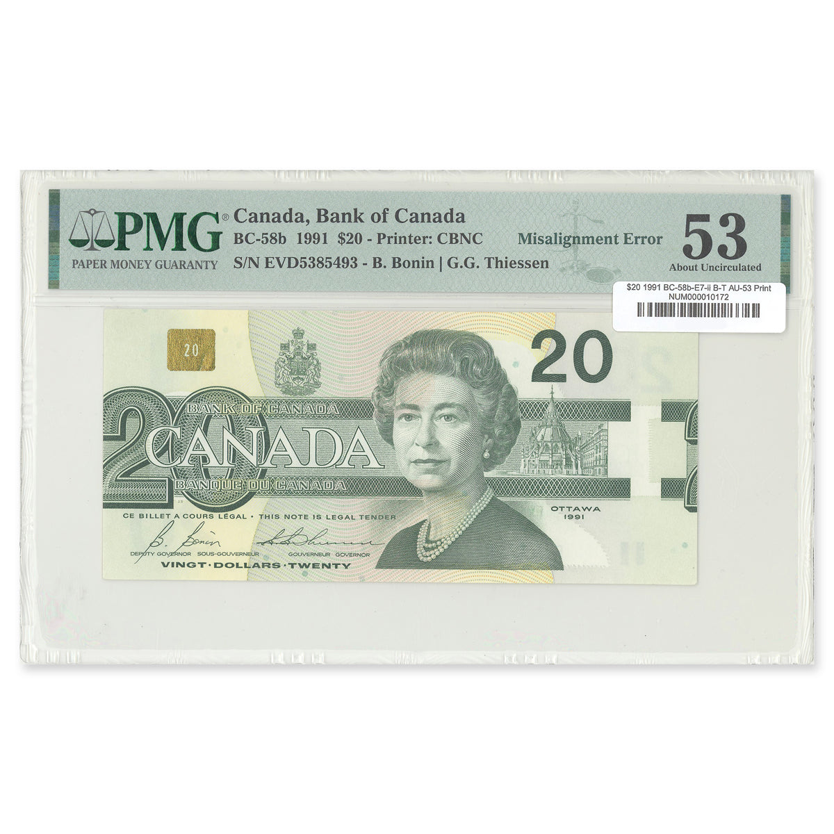 $20 1991 BC-58b-E7-ii Printing Error Bonin-Thiessen Prefix EVD PMG AU-53