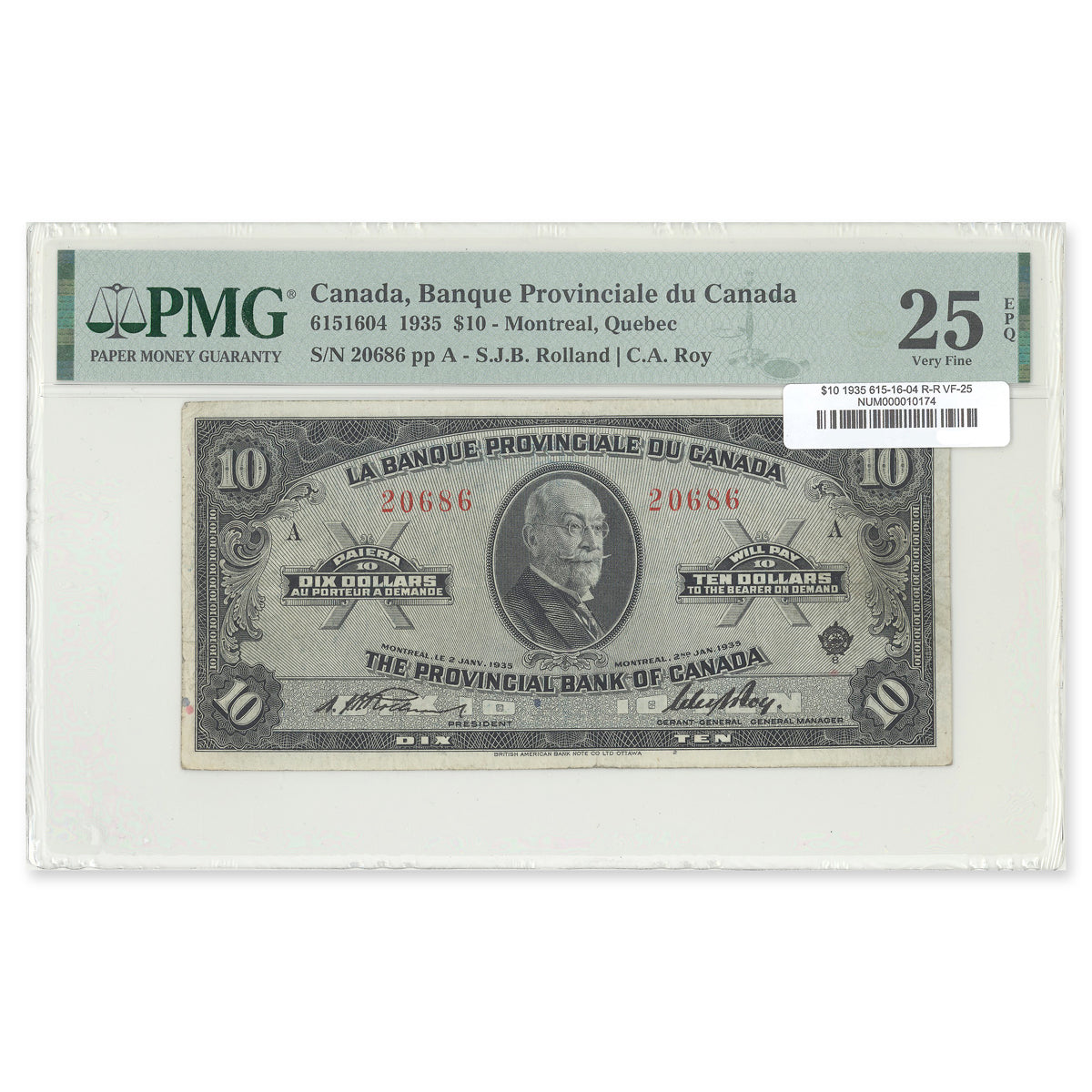 $10 1935 615-16-04 La Banque Provincial du Canada Rolland-Roy PMG VF-25 EPQ
