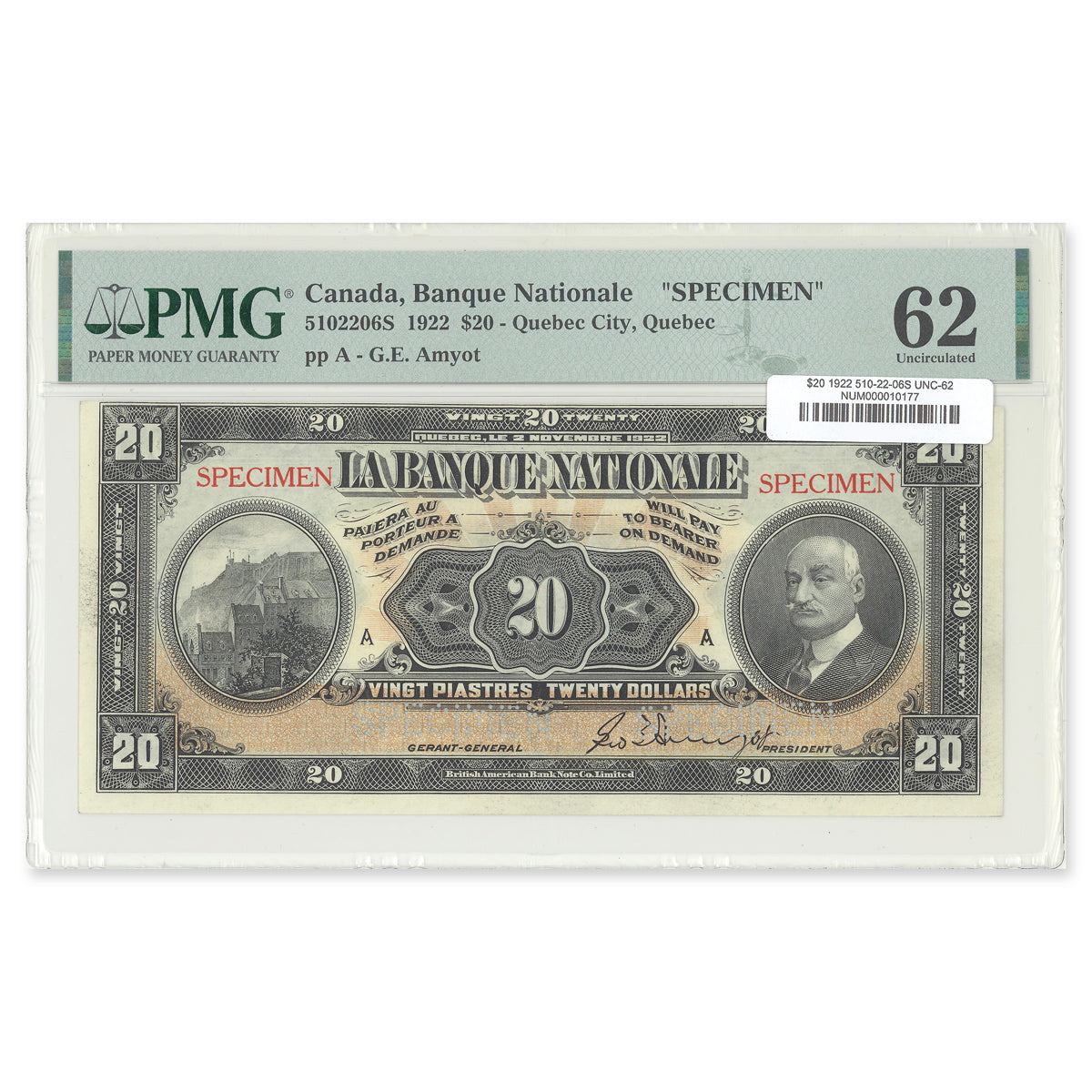 $20 1922 510-22-06S Le Banque Nationale PMG UNC-62