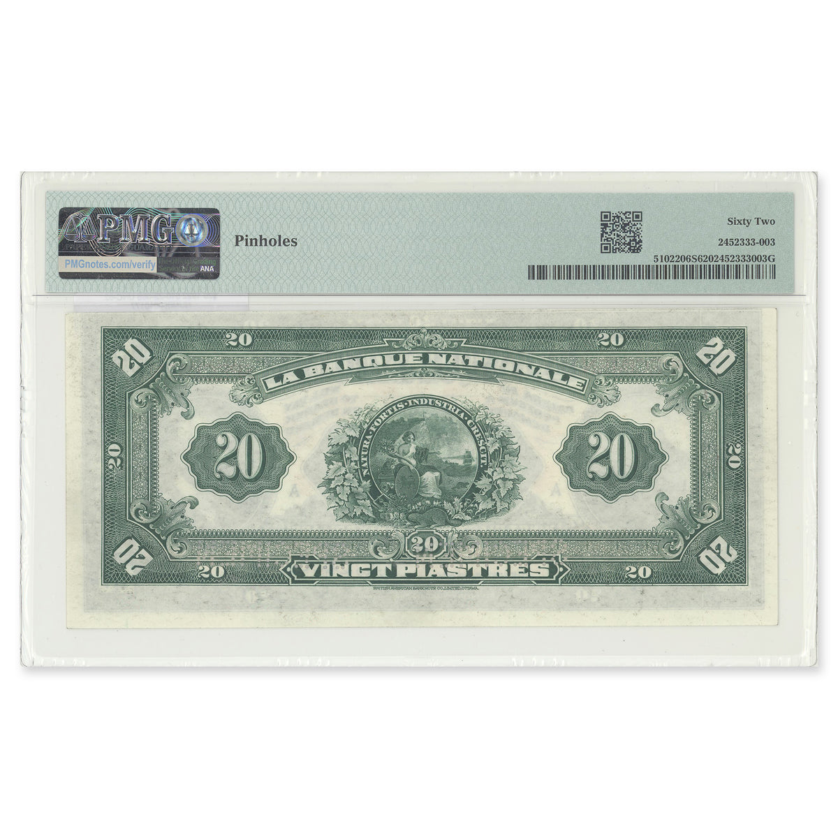 $20 1922 510-22-06S Le Banque Nationale PMG UNC-62