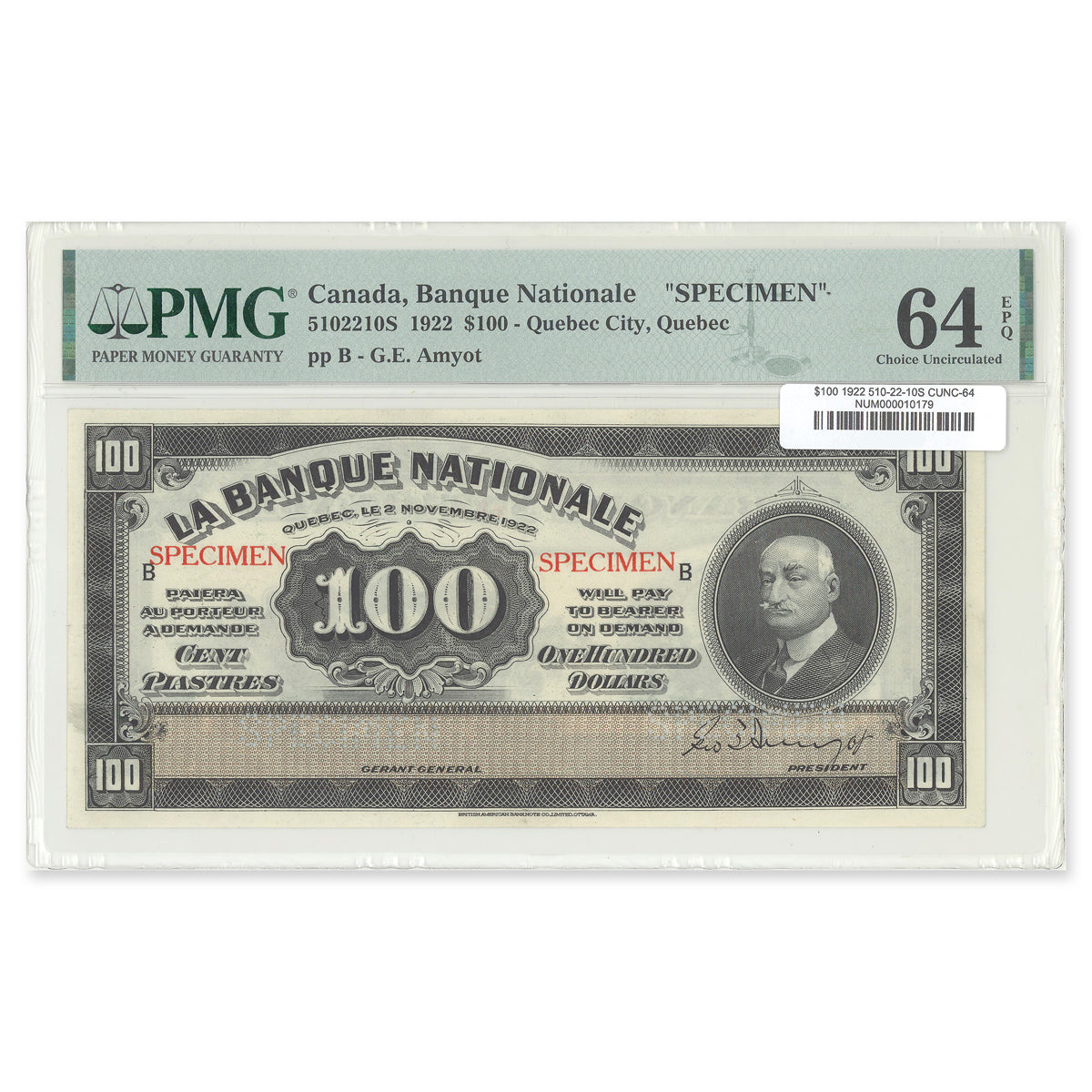 $100 1922 510-22-10S Le Banque Nationale PMG CUNC-64 EPQ