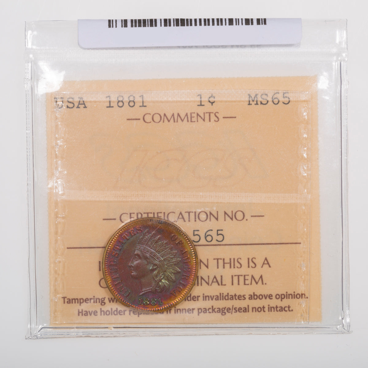 US 1 Cent Indian 1881 ICCS MS-65