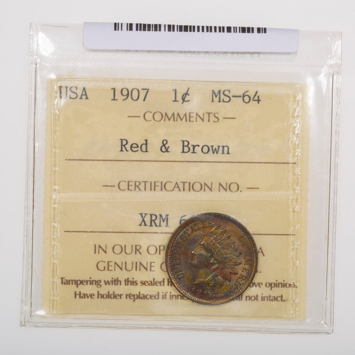 US 1 Cent Indian 1907 ICCS MS-64 Red & Brown