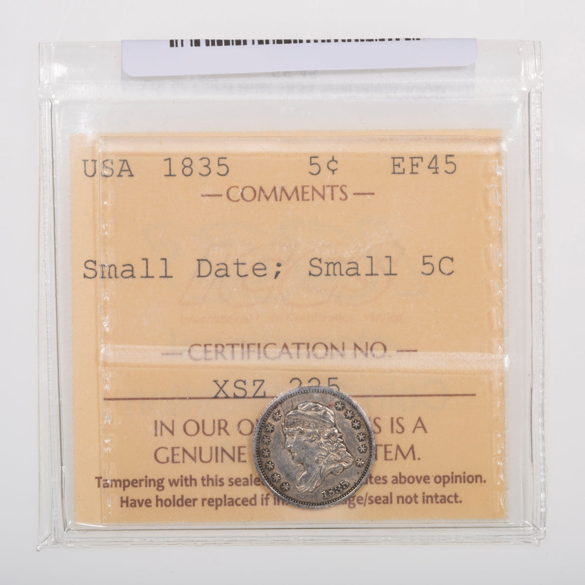 US 5 Cent Capped Bust 1835 Small Date; Small 5C ICCS EF-45