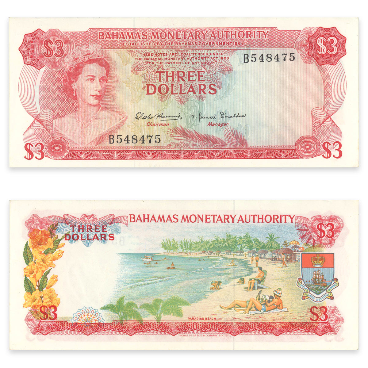 Bahamas 3 Dollars 1968 P# 28a AU-55