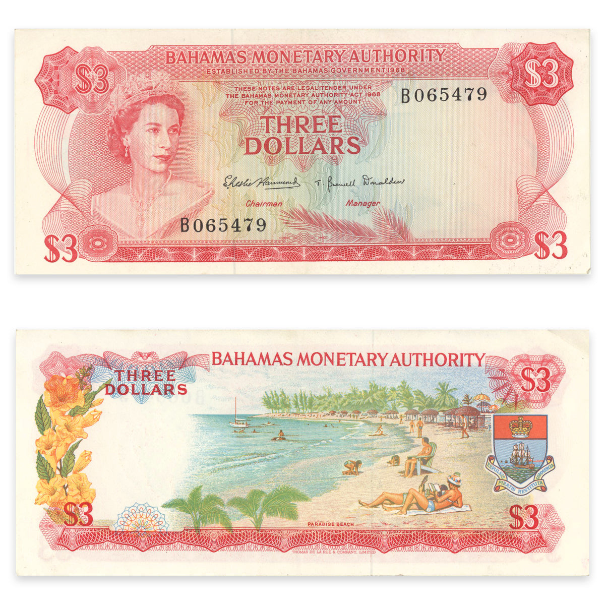 Bahamas 3 Dollars 1968 P# 28a VF-35