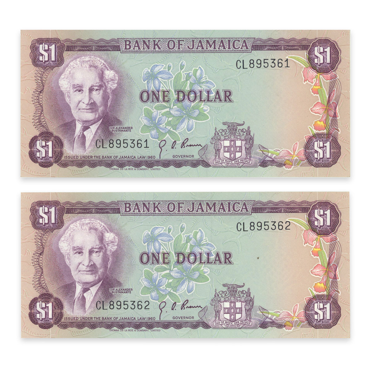 Jamaica 1 Dollar 1976 P# 59a Consec UNC-60