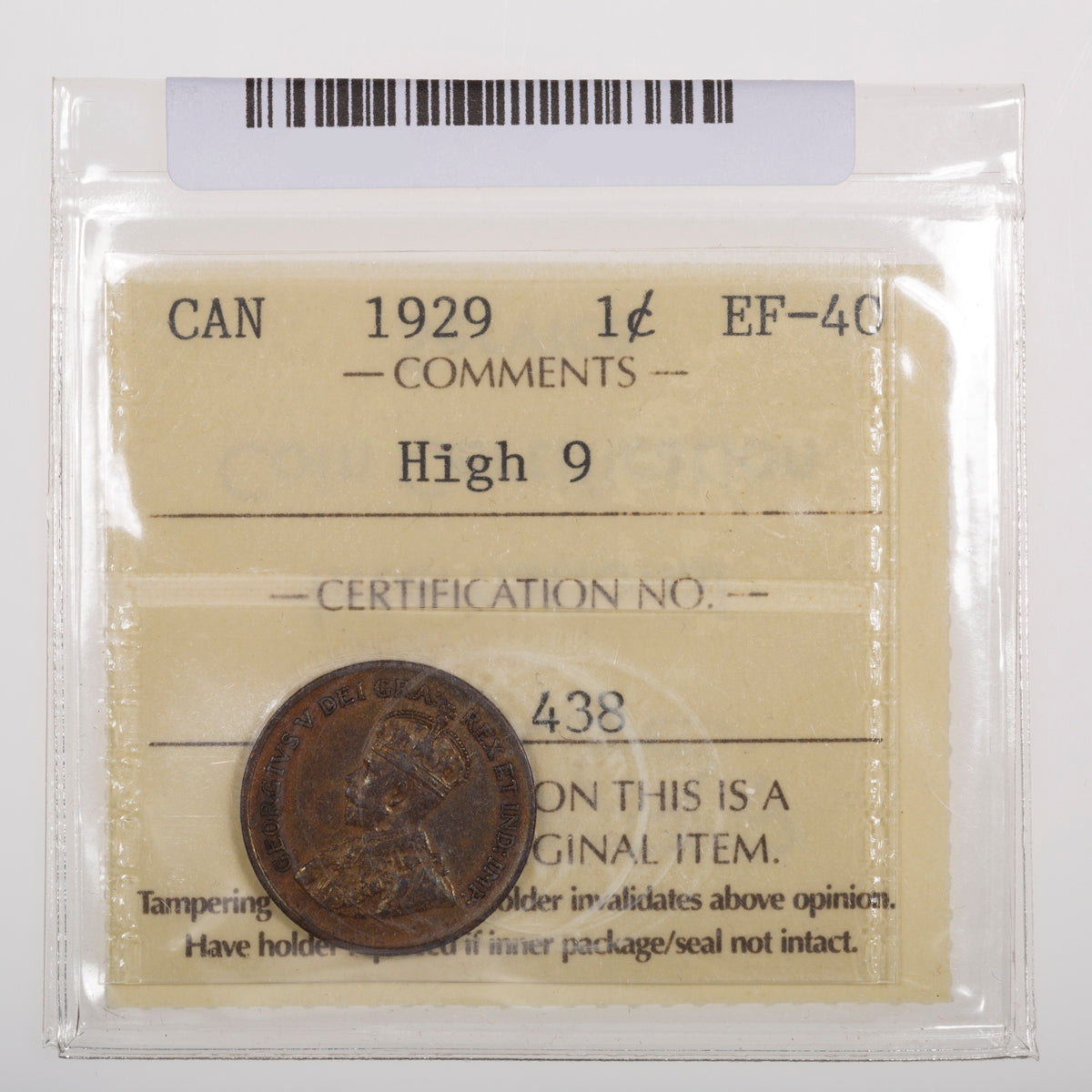 1 Cent 1929 High 9 ICCS EF-40