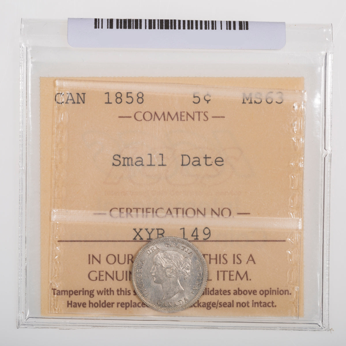 5 Cent 1858 Small Date ICCS MS-63