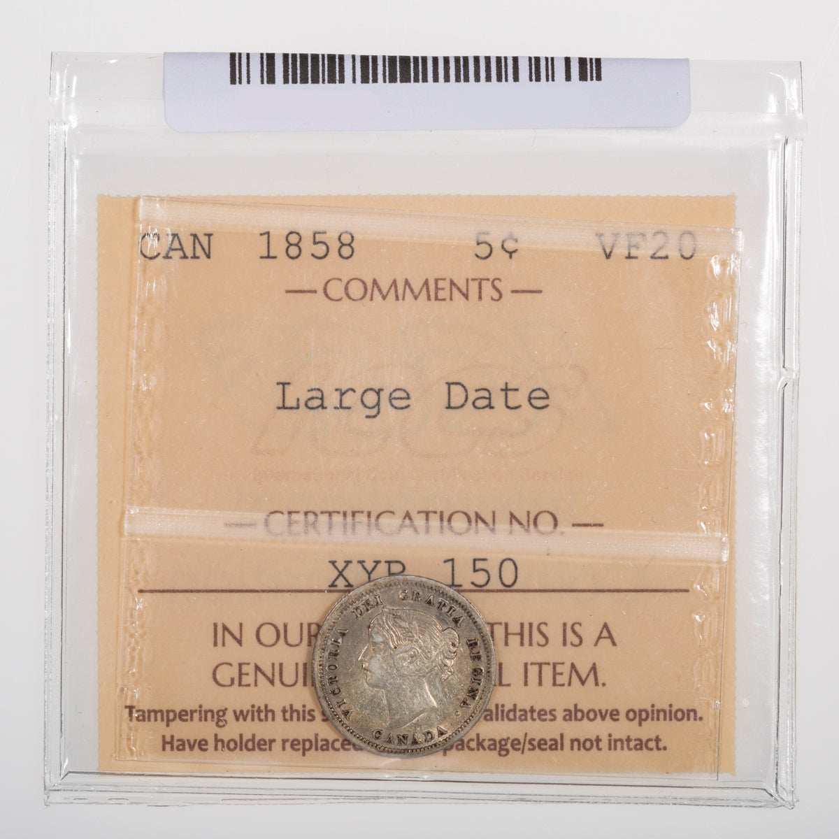 5 Cent 1858 Large Date RP2 ICCS VF-20