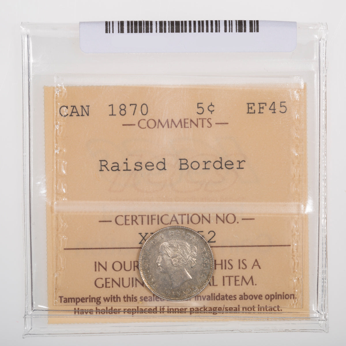 5 Cent 1870 Raised Border ICCS EF-45