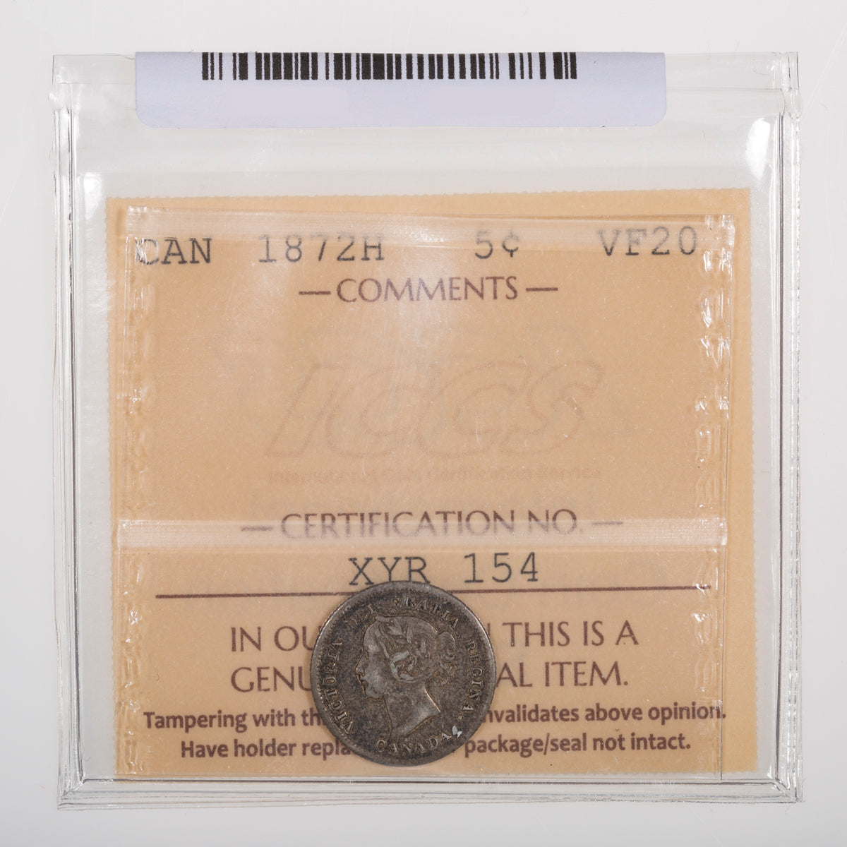 5 Cent 1872H ICCS VF-20