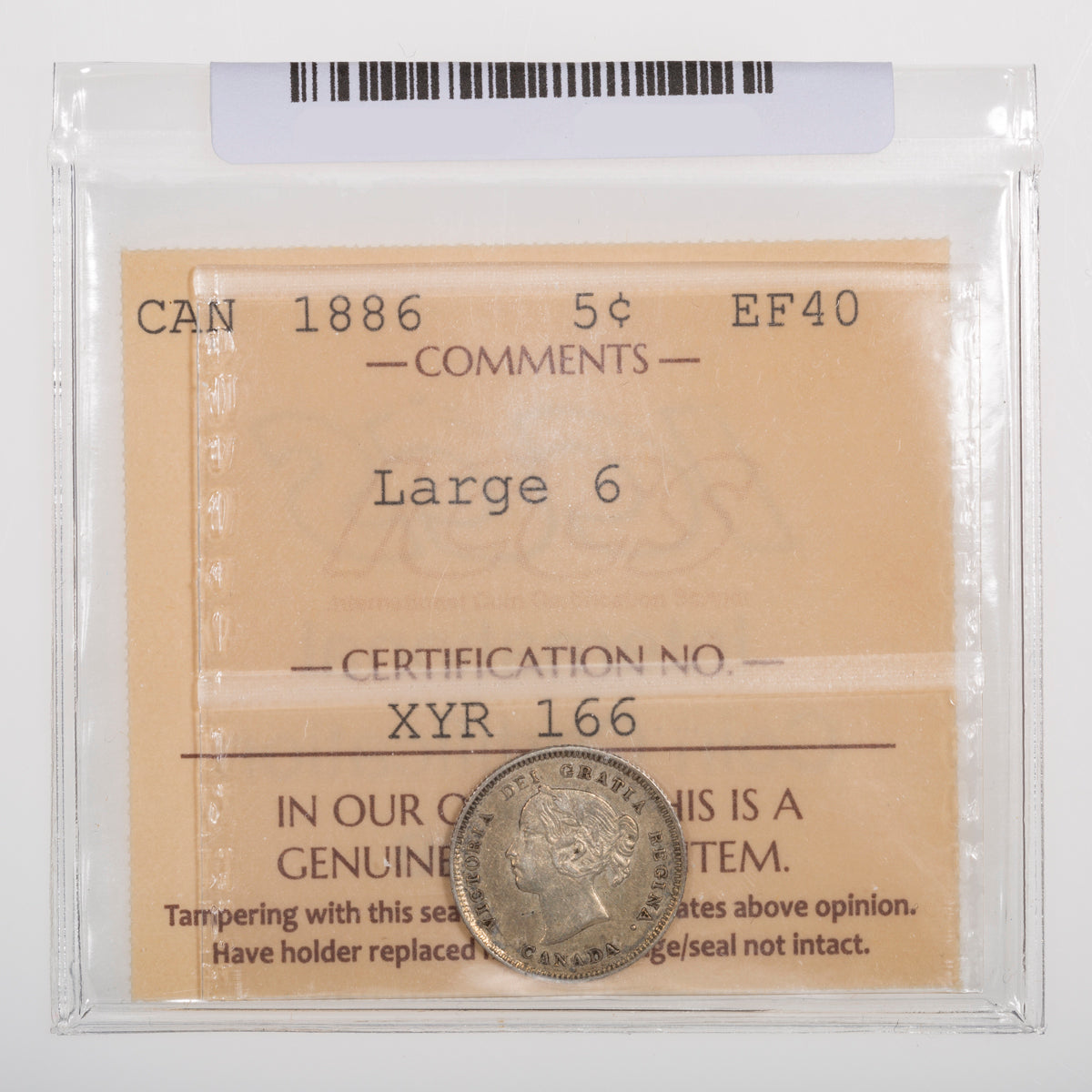5 Cent 1886 Large 6 ICCS EF-40