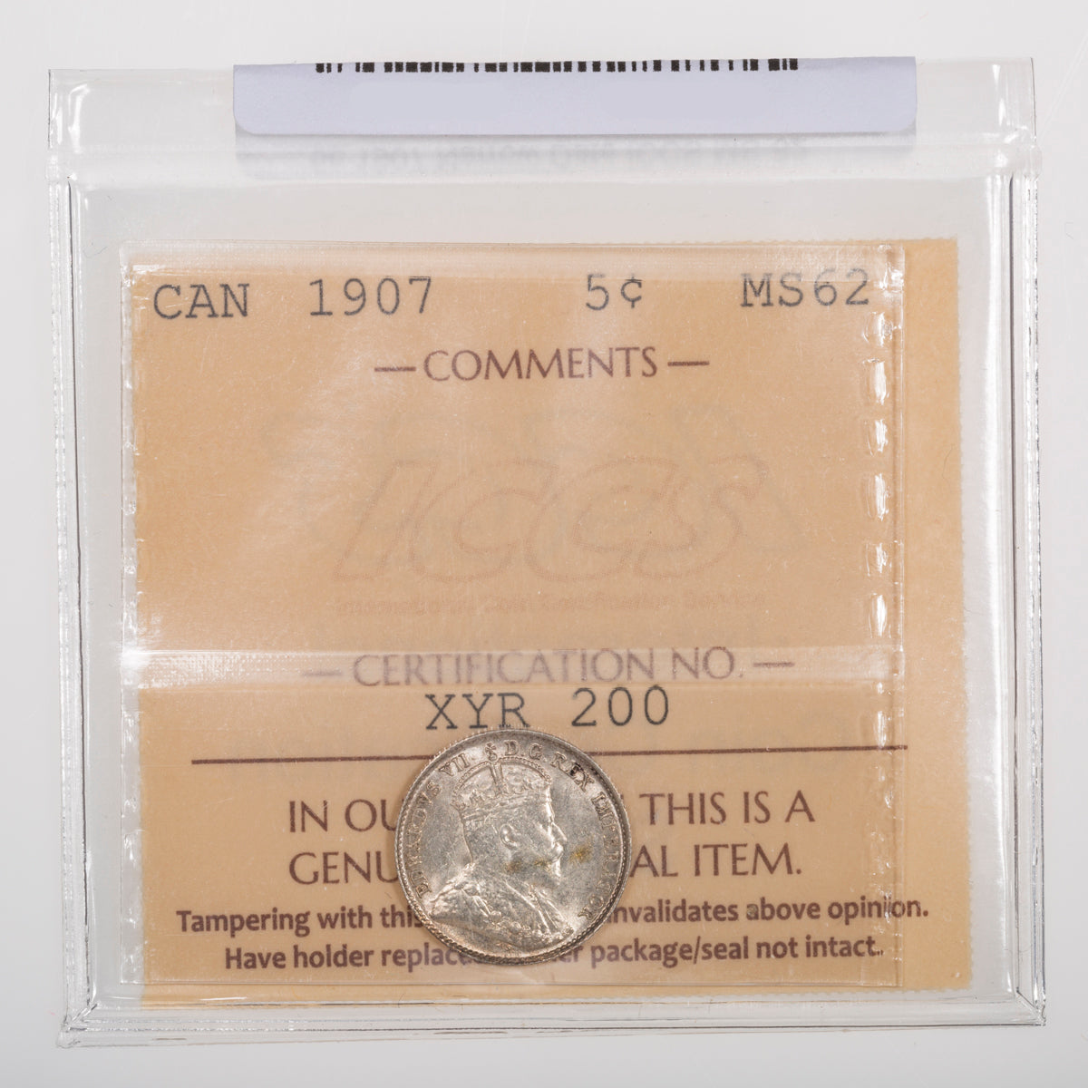 5 Cent 1907 Narrow Date ICCS MS-62